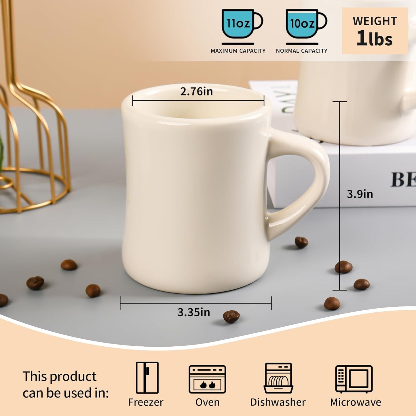 11oz Ceramic Coffee Mug set Stoneware Coffee Cups Set for Restaurant, Diner, Farmhouse, Coffee Shop, Home set of 6 (Cream)