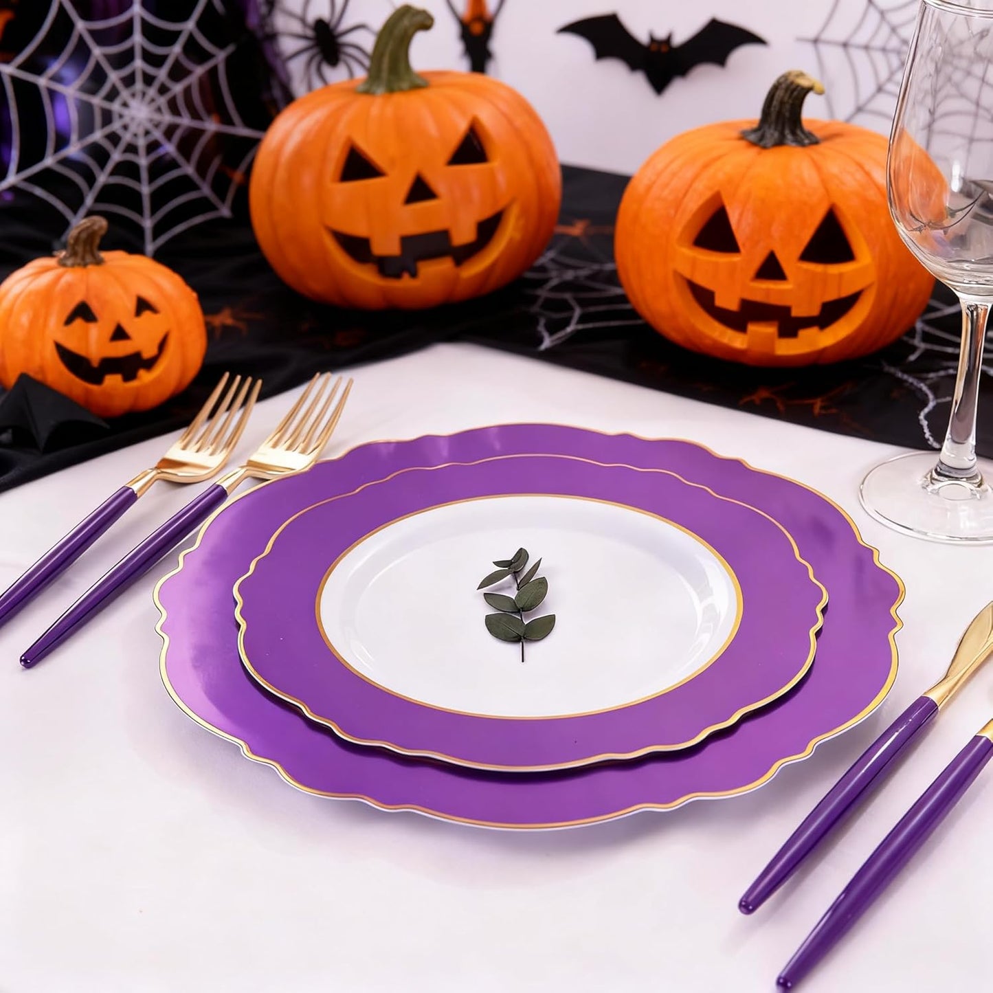 WDF 30Guest Purple Plastic Plates with Gold Rim & Disposable Gold Plastic Silverware With Purple Handle - Baroque Party Plates Mardi Gras Plate for Birthday Parties/Halloween