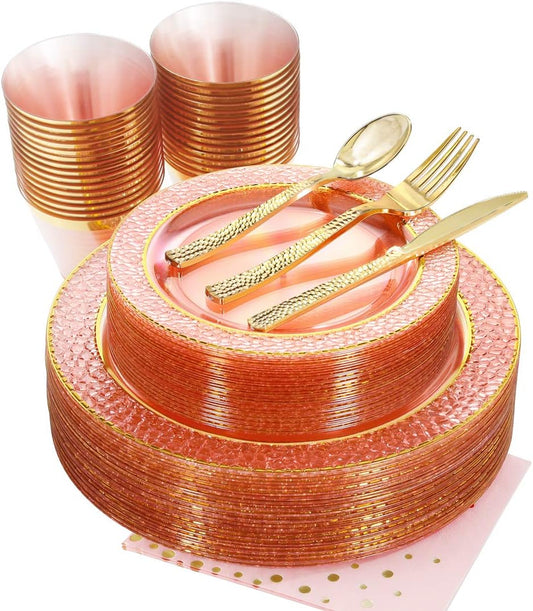 Nervure 175PCS Pink and Gold Plastic Plates - Pink Disposable Plates : 25 Dinner Plate,25 Dessert Plate, 25 Forks,25 Knives, 25 Spoons, 25 Cups,25 Napkins for Wedding & Party