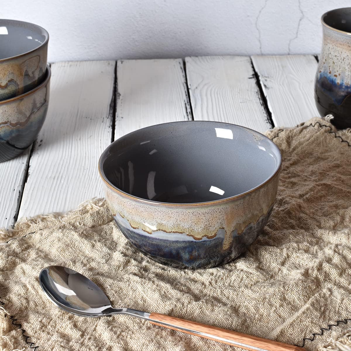 Bosmarlin Stoneware Cereal Bowls Set of 4, 26 Oz, Soup Bowls for Oatmeal, Salad, Dishwasher and Microwave Safe, Reactive Glaze (26 Oz, Grey)