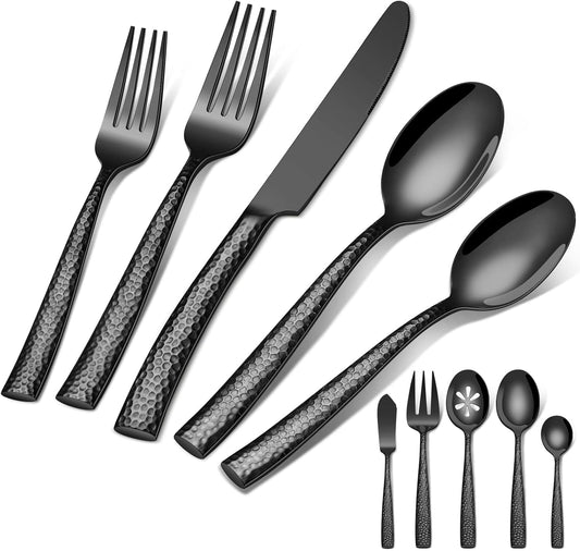 65-Piece Silverware Set with Serving Utensils, Ollex Durable Stainless Steel Black Hammered Flatware Set for 12 with Knives Forks Spoons Large Serving Utensil Set for Home Restaurant, Dishwasher Safe