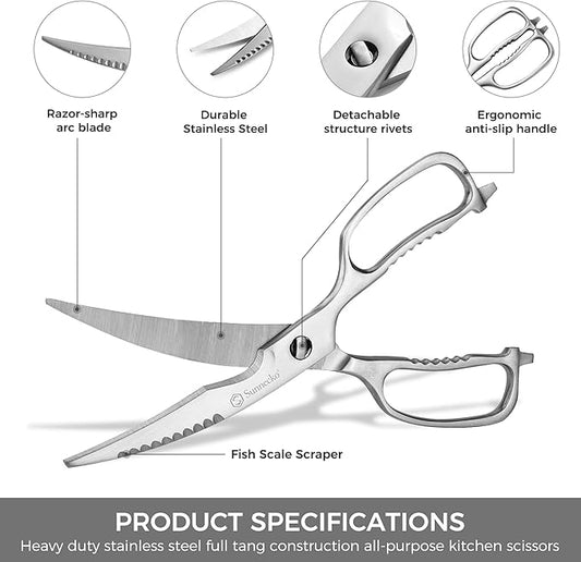 Sunnecko Kitchen Scissors for Food, Heavy Duty Scissors All Purpose Kitchen Shears That Come Apart, 9 Inch Fully Forged Stainless Steel with Curved Blades