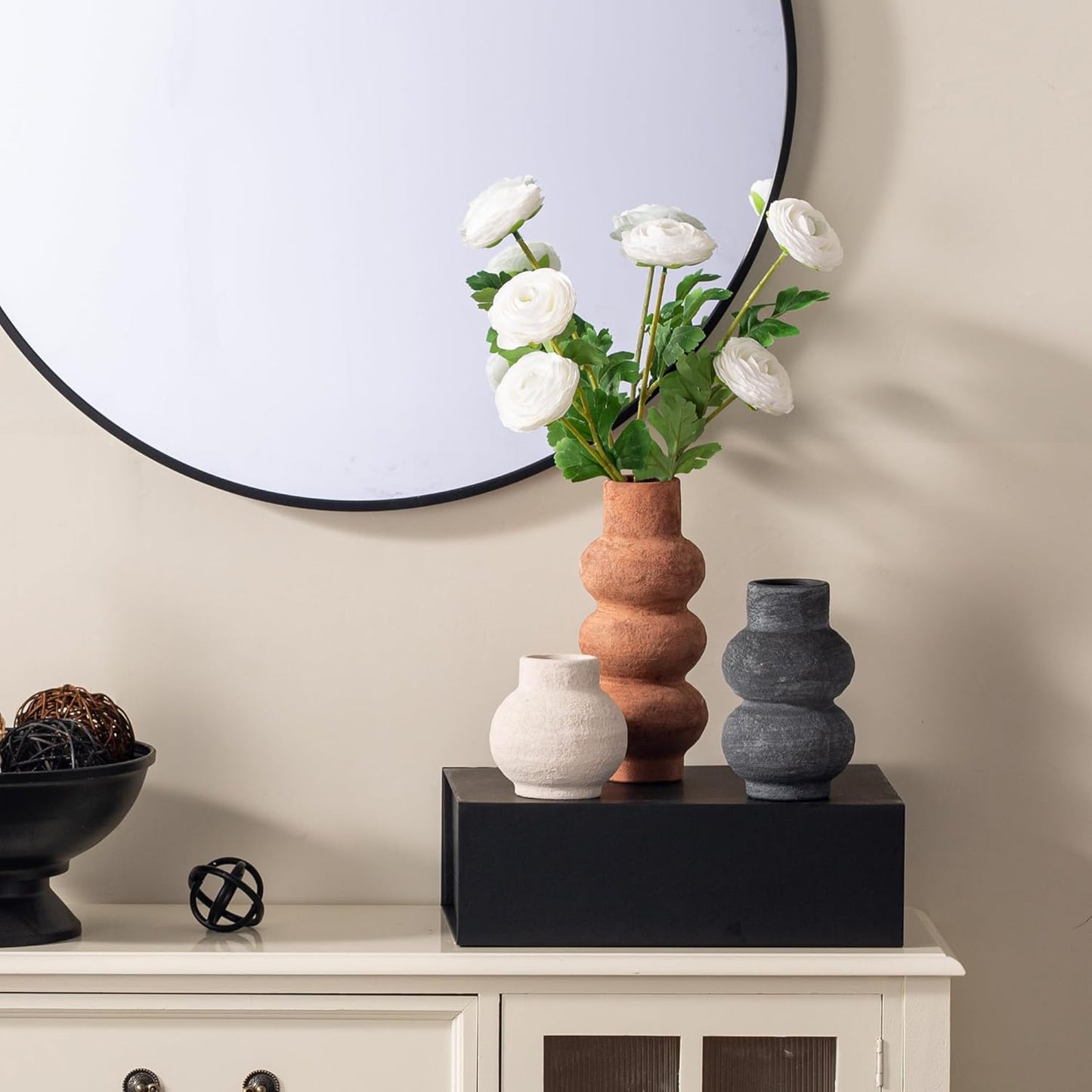 Ceramic Vase Home Table Decor - Flower Vase Set of 3 Living Room Kitchen Decorations Farmhouse Modern Rustic Vases Decorative Centerpiece for Shelf Bedroom Office Bathroom Dining Coffee Desk