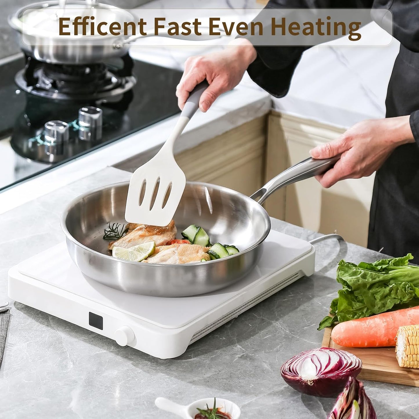 DELARLO Tri-Ply Stainless Steel Frying Pan, All Cooktops Compatible Up to 650℉, Oven Safe Induction Skillet, 12.5 inch Non toxic Cooking Surface, Fast & Even Heat, Durable Cookware