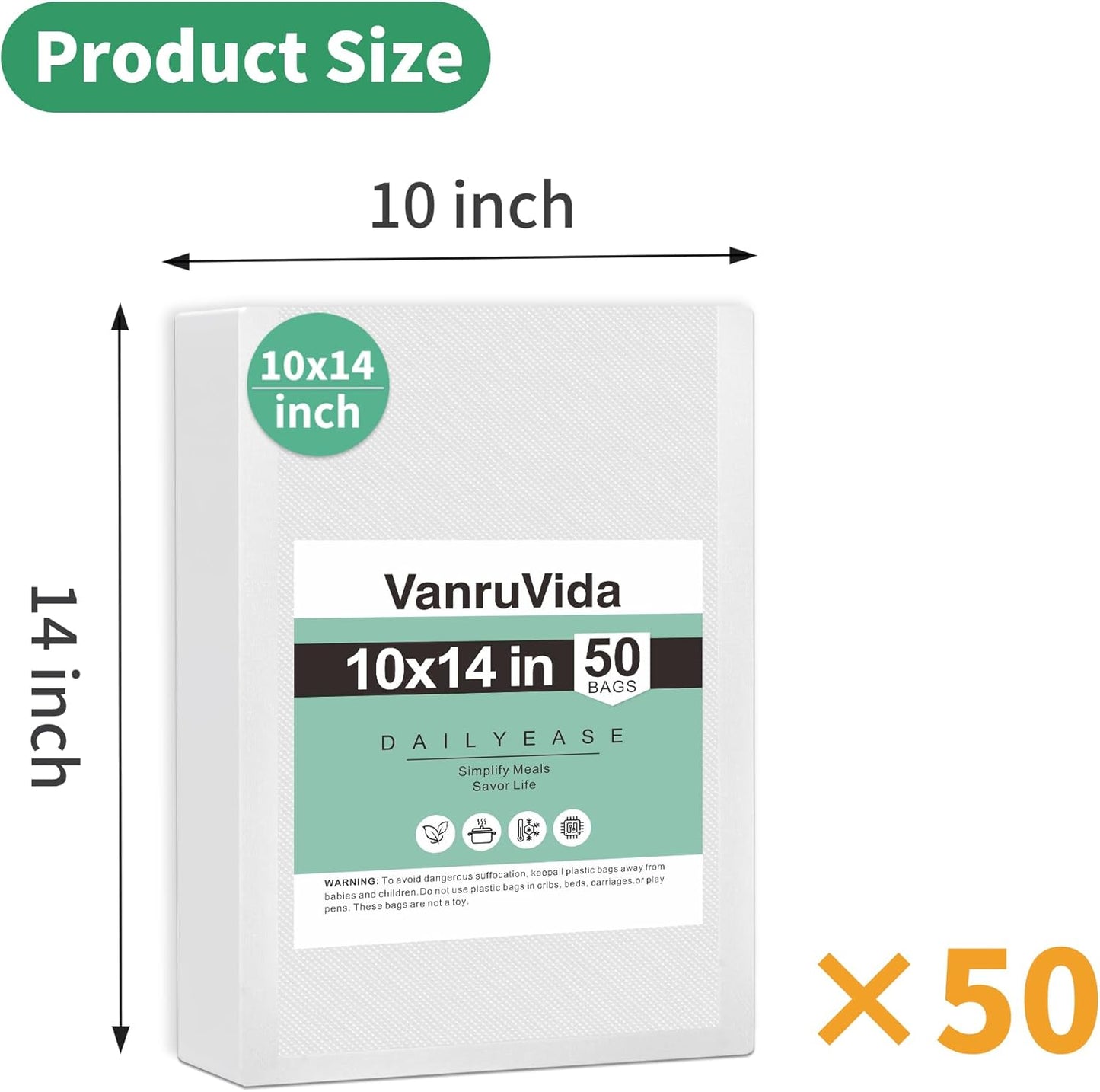VanruVida Vacuum Sealer Bags, 50 Count 10” x 14”,BPA Free,Commercial Grade Textured PreCut Bag with Double Tear Notches, Perfect for Food Storage, Freezer, Meal Prep, or Sous Vide