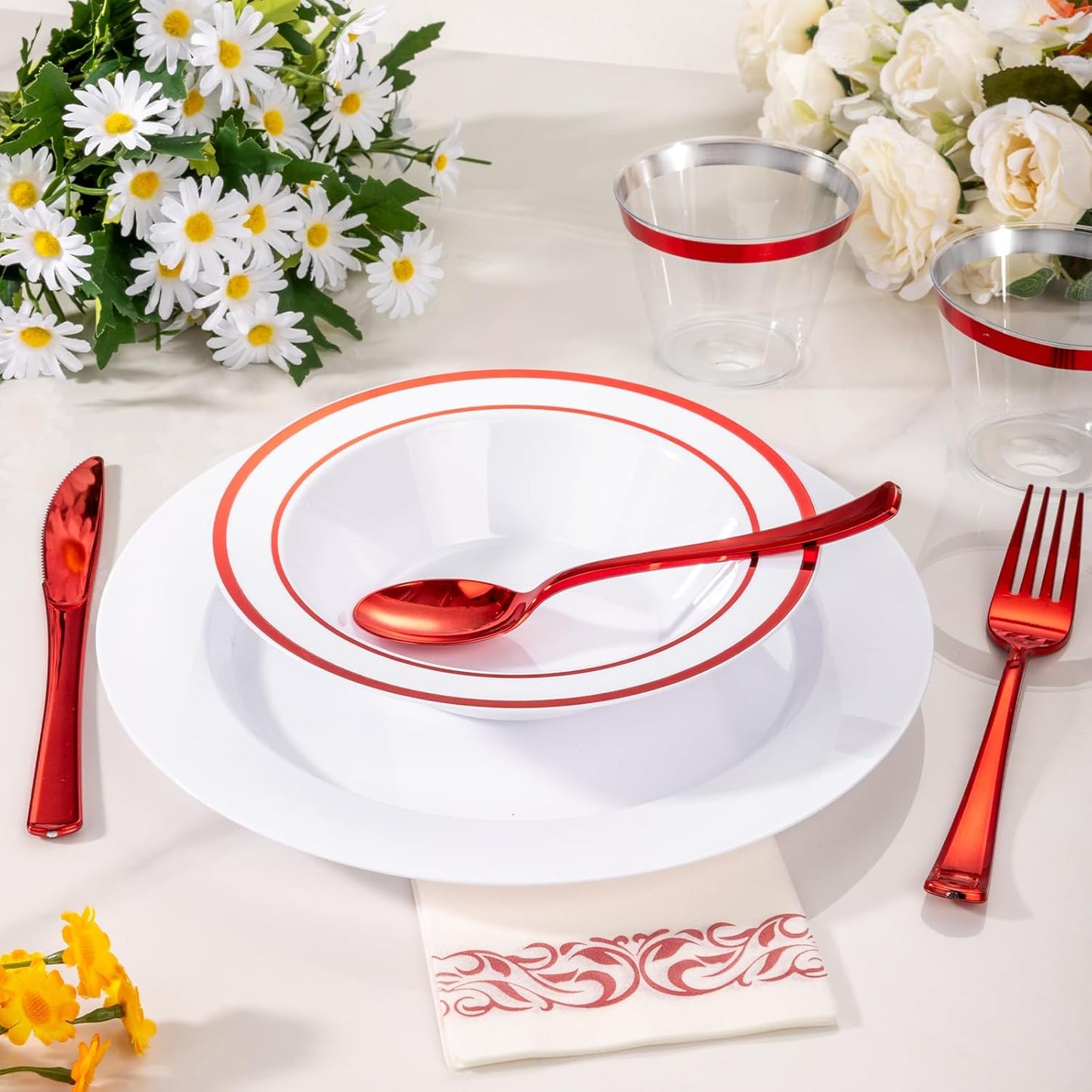 Goodluck 50 Pack Plastic Bowls with Red Rim, 12oz Disposable Soup Bowls, Heavy Duty Dessert Bowls for Weddings, Parties, Christmas Dinners, Catering, Thanksgiving and Everyday Use