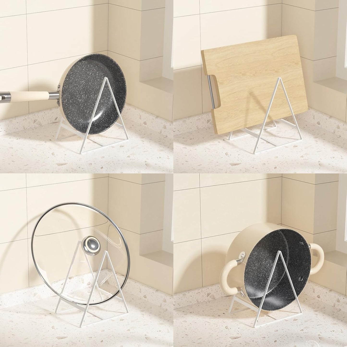 2 Large 1 Small Triangle Plate Holders Organizers Upright Cabinet Dish Drying Racks Metal Plate Dish Organizers Racks Stands for Countertop and Cupboard White