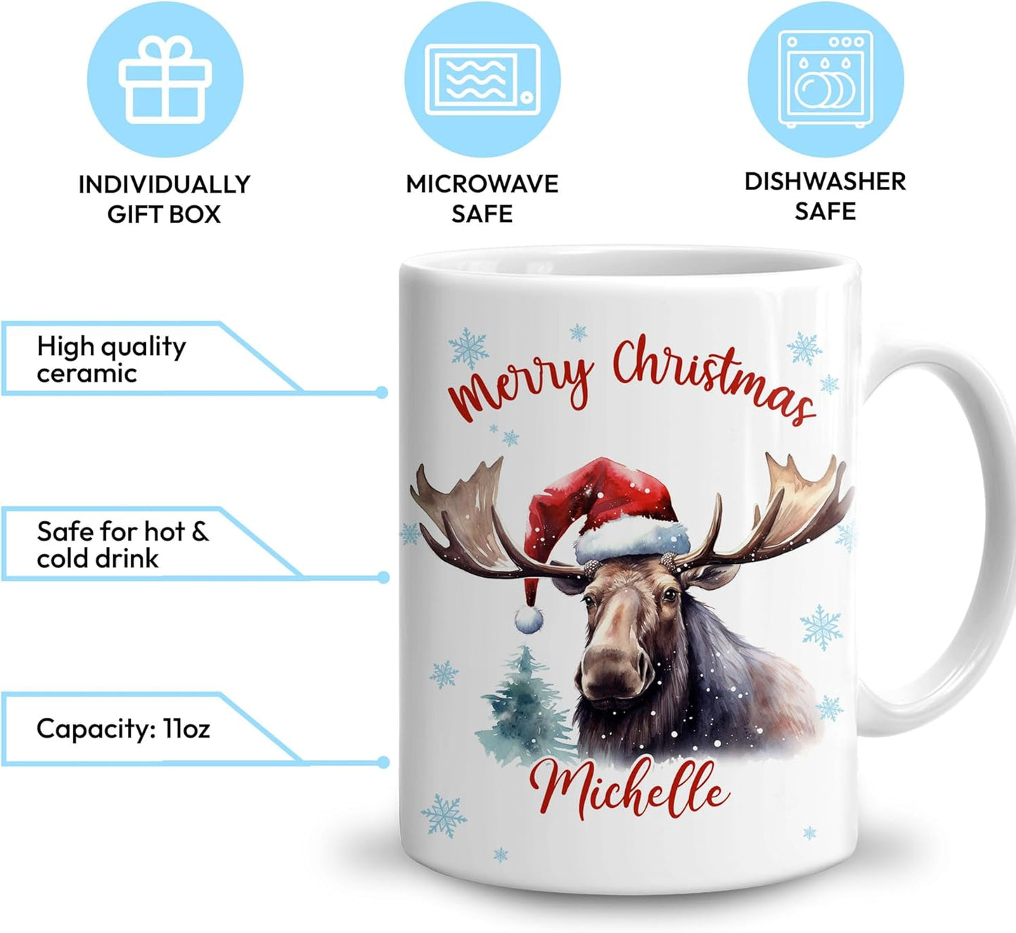 Hyturtle Personalized Gifts Moose Lover - Moose Wearing Santa Hat Custom Name Ceramic Coffee Mug Cup 11oz - Cute Animal Lovers Gifts For Women, Girl kids Family On Birthday, Christmas