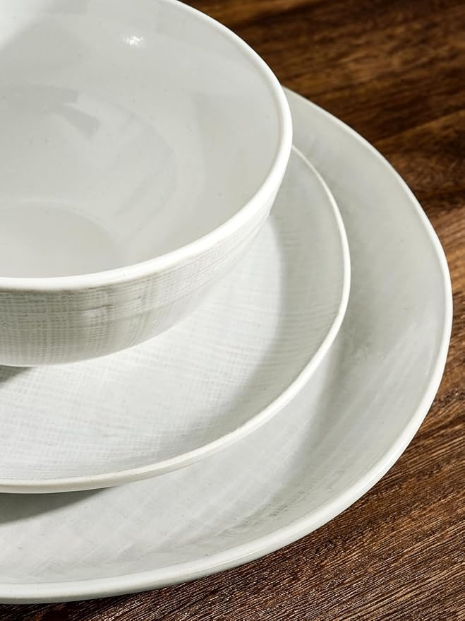 Famiware Moonlight Plates and Bowls Sets, 24 Pieces Stoneware Dinnerware Sets with Linen Finish, Dishware set for 8, Microwave and Dishwasher Safe, Chip and Scratch Resistant, White