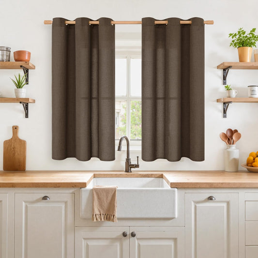 YoungsTex Brown Linen Curtains 48 Inch Length for Living Room Window, Light Filtering Drapes Semi Sheer with Bronze Grommet Privacy for Kitchen Bedroom, 42 x 48 Inch, 2 Panels