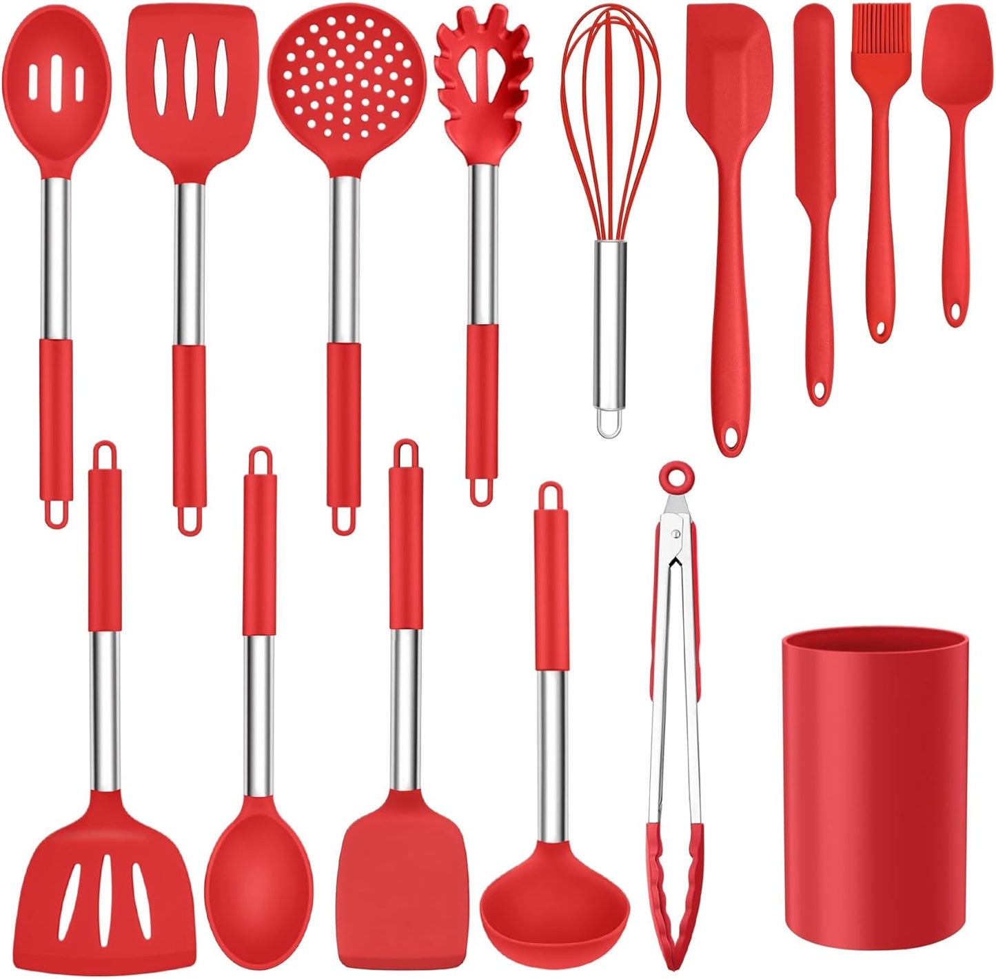 Onader 15 Pcs Silicone Cooking Utensils Set, Red Kitchen Utensils Spatula Set with Holder, Large Kitchen Gadgets Tools for Nonstick Cookware