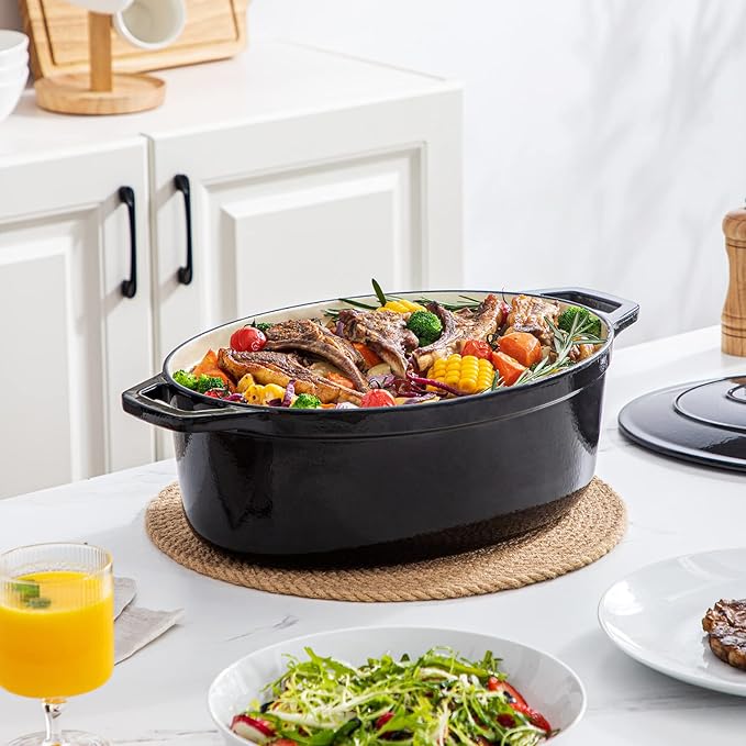vancasso Enameled Cast Iron Oval Dutch Oven, 9.3 Quart with Non-Stick Enamel Coating for Bread Baking, Black Double Handle Pot with Lid