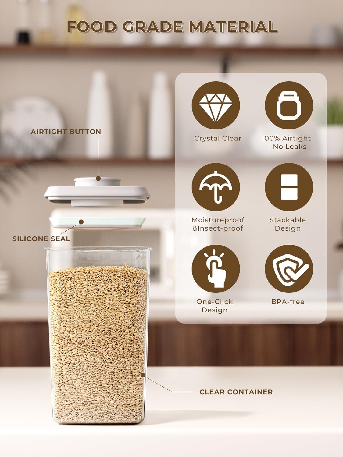 Large Airtight Food Storage Containers with Measuring Cup, 4L Airtight Pop Top Rice Storage Container 6.06 lbs(2.75kg), BPA-Free Plastic Cereal & Grain Canister Flour Dispenser