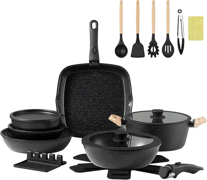 23PCS Ceramic Nonstick Cookware Set, Nonstick Detachable Handle Ceramic Cookware, Induction Kitchen Cooking Set with Removable Handle,include Frying Pans & Saucepans Oven Safe(Black)