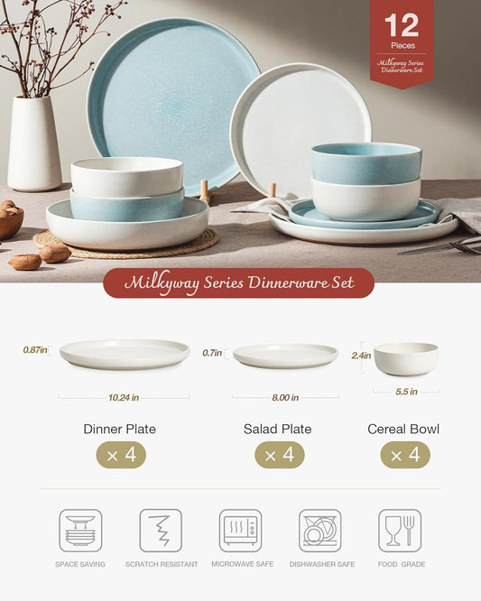 Famiware Milkyway Plates and Bowls Sets, 12 Pieces Dinnerware Sets, Reactive Glaze Dish Set, Stoneware Dishes Set for 4, Matte White & Light Blue