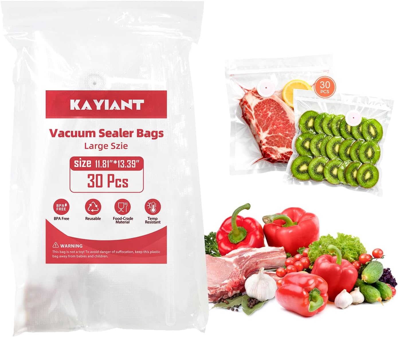 Vacuum Sealer Bags Extra Large Size 12x13 Inch 30 Bags, Food Storage, BPA Free, Food Saver, Meal Prep,Sous Vide, Heavy Duty, Airtight