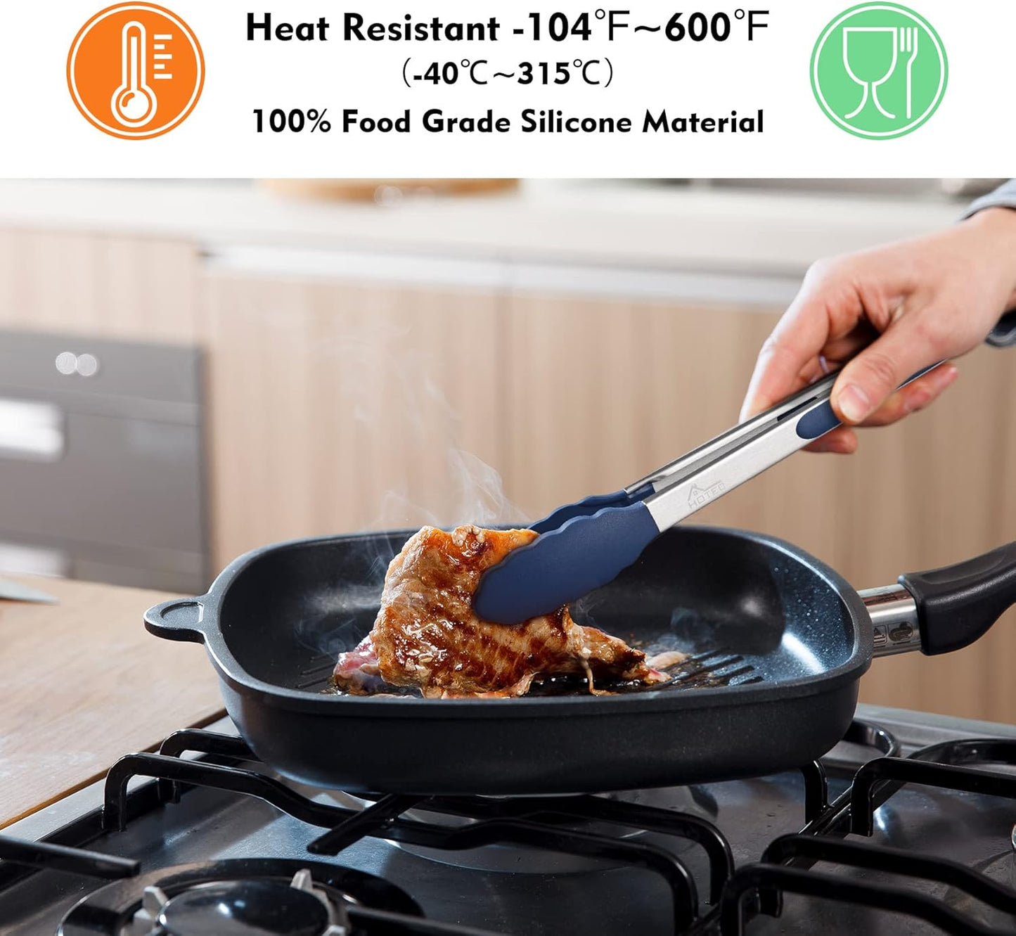 HOTEC Premium Stainless Steel Locking Kitchen Tongs with Silicon Tips, Set of 2-9" and 12", Classic Blue