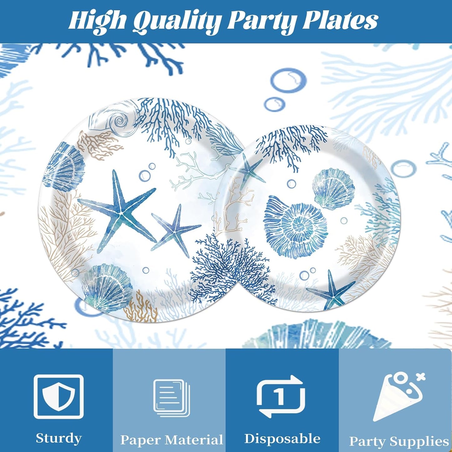 Rakuto Ocean Themed Party Decorations, 96PCS Beach Seashell Plates Napkins and Forks Set, Starfish Coral Disposable Tableware for Birthday Baby Shower Serves 24
