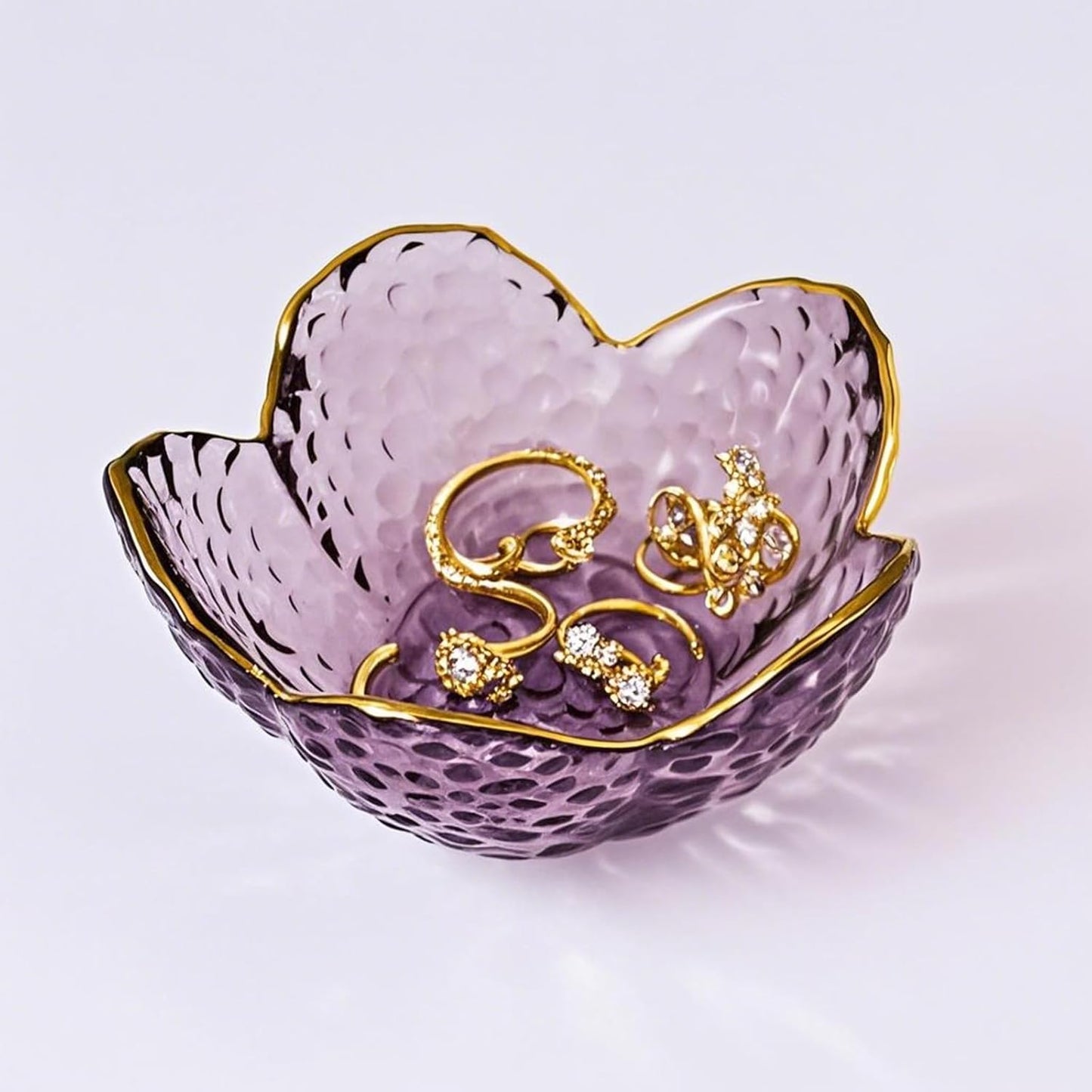 Purple Glass Jewelry Dish Tray, Birthday Gifts for Mom, Crystal Ring Holder for Women, Small Flower Ring Dish Jewlery Plate, Engagement Trinket Jewelry Tray, Nightstand Decor Jewerly Bowl