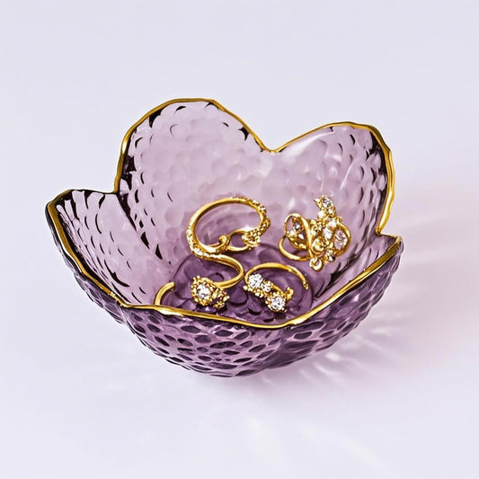 Purple Glass Jewelry Dish Tray, Birthday Gifts for Mom, Crystal Ring Holder for Women, Small Flower Ring Dish Jewlery Plate, Engagement Trinket Jewelry Tray, Nightstand Decor Jewerly Bowl
