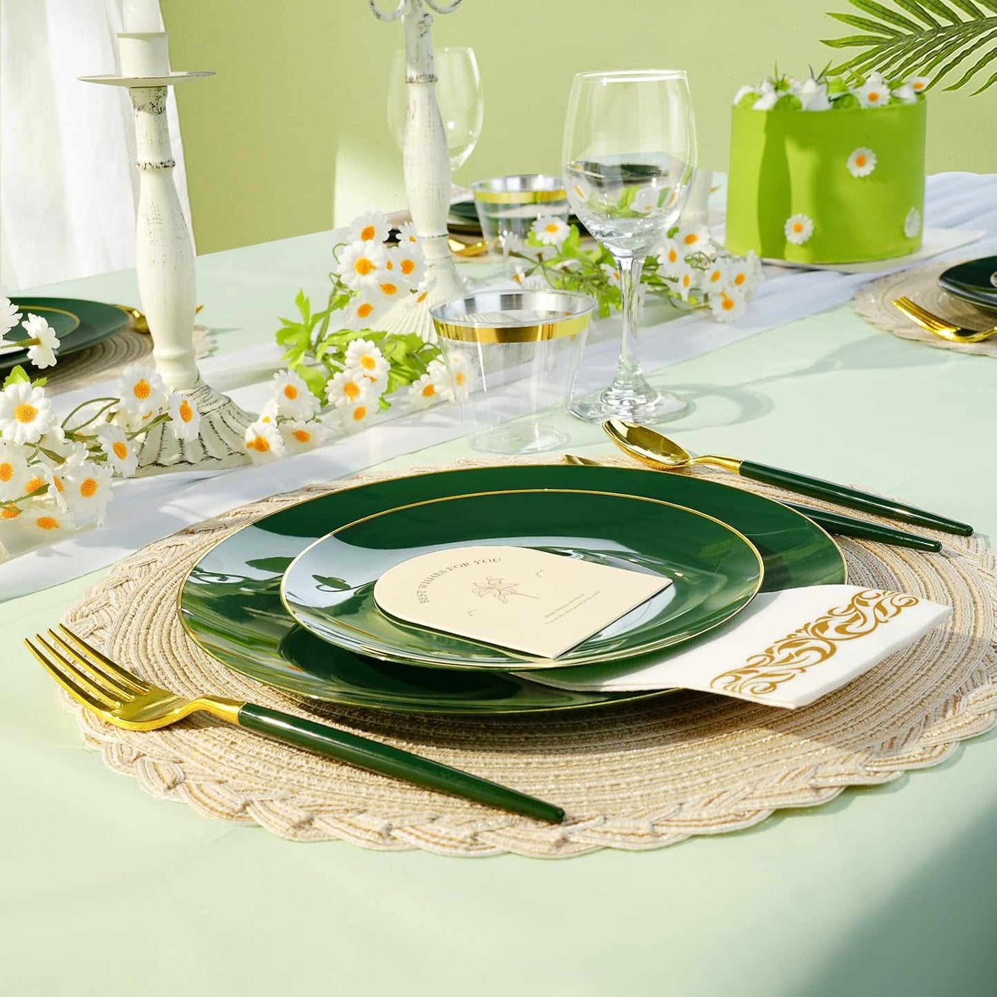 50PCS Green Gold Plastic Plates, Green Disposable Plates for Party, Wedding, Include 25 Dinner Plates, 25 Dessert Plates for 25 Guests