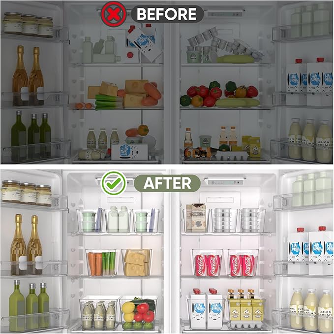 BALEINE Clear Plastic Storage Bins, Pantry Organization, BPA Free Stackable Refrigerator Organizers and Storage with Handles for Kitchen Fridge Cabinet Bathroom (4PK, 11x7.5x6)