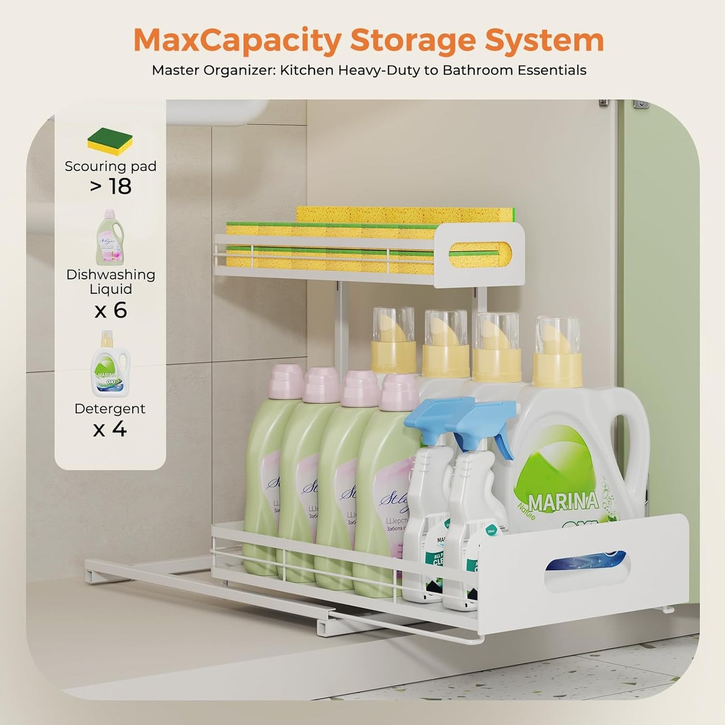 Delamu 2 Pack Metal Bathroom Organizers and Storage, 2 Tier Pull Out Under Sink Organizer for Kitchen Bathroom, Adjustable Under Sink Shelf for Multipurpose Cabinet Organizer, White