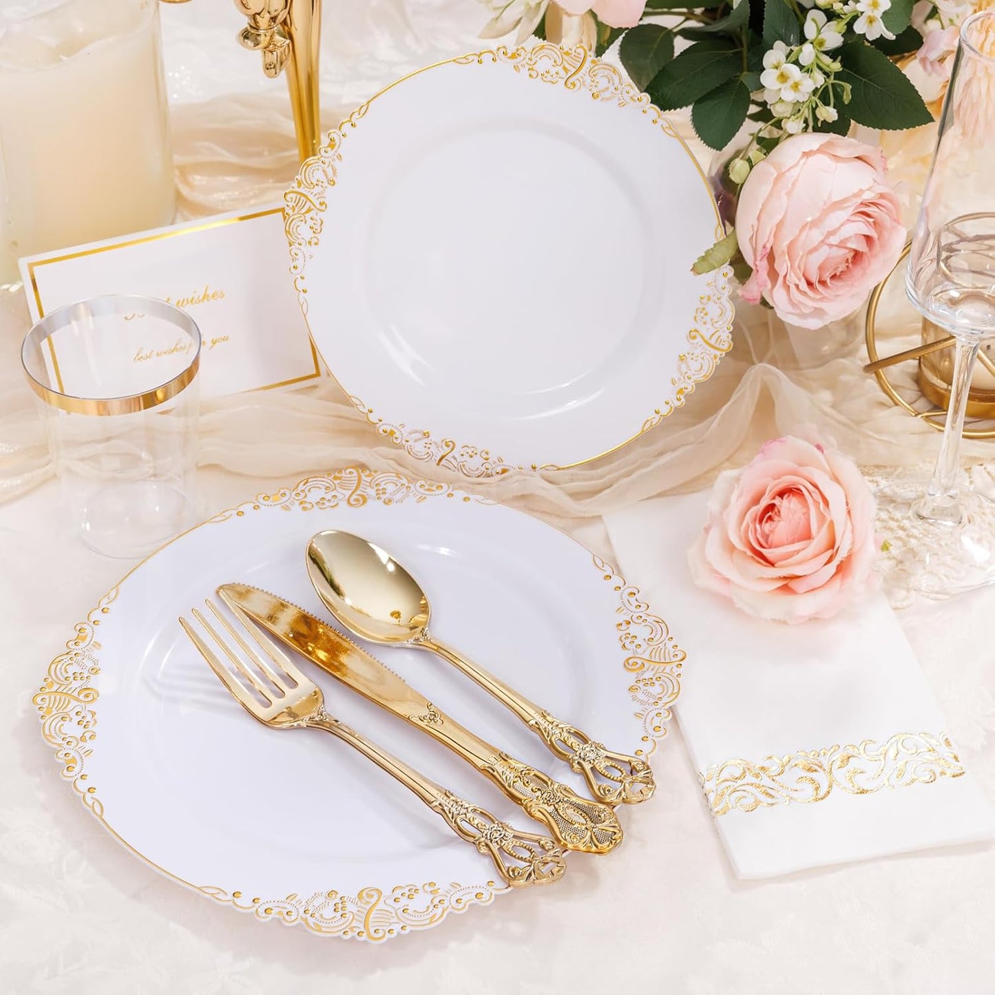 YOUBET 700PCS Gold Plastic Dinnerware Set - White and Gold Disposable Plates for 100 Guest - 200 Disposable Plates, 300 Heavy Duty Plastic Silverware, 100 Cups,100 Napkins for Wedding Thanksgiving
