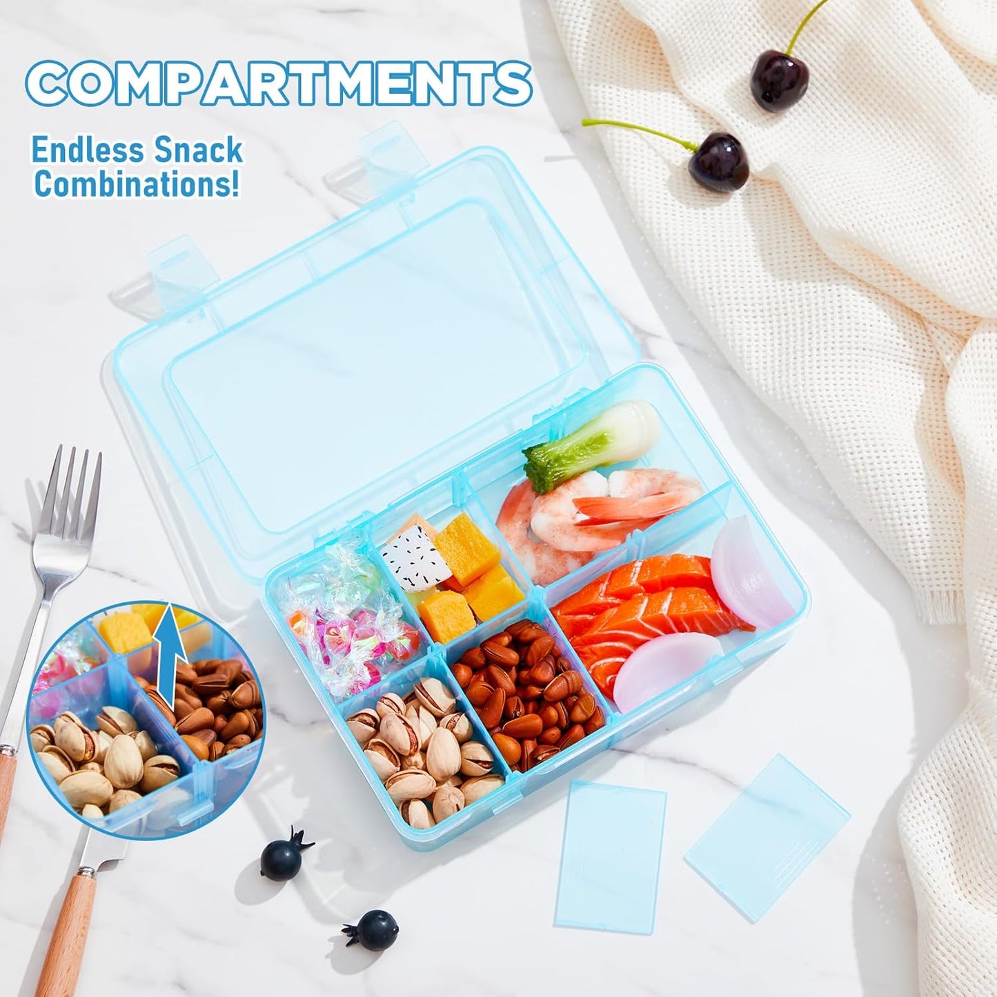 Thyle 1 Pcs Snack Box Container 8 Compartments Snack Containers Reusable Transparent Lunch Box Organizer Small Plastic Food Storage with Lids for Meal Prep School Work Travel (Blue)