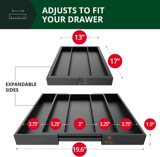 ROYAL CRAFT WOOD Luxury Bamboo Kitchen Drawer Organizer - Silverware Organizer - Utensil Holder and Cutlery Tray with Grooved Drawer Dividers for Flatware and Kitchen Utensils (5 Slot, Black)