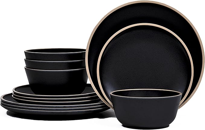 Melamine Dinnerware Sets for 4,12 Pcs Plate and Bowl Set,Unbreakable dish set,BPA Free,Suitable Indoors And Outdoors (Matte Black)
