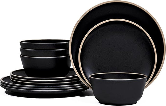 Melamine Dinnerware Sets for 4,12 Pcs Plate and Bowl Set,Unbreakable dish set,BPA Free,Suitable Indoors And Outdoors (Matte Black)