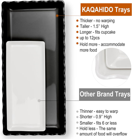 KAQAHIDO 17" x 8" x 1.5" Black Serving Tray Set, Wave Edge Melamine Platters for Cookie, Appetizer, Charcuterie, Snack, Dessert, Party Food Display, Stackable, Set of 2