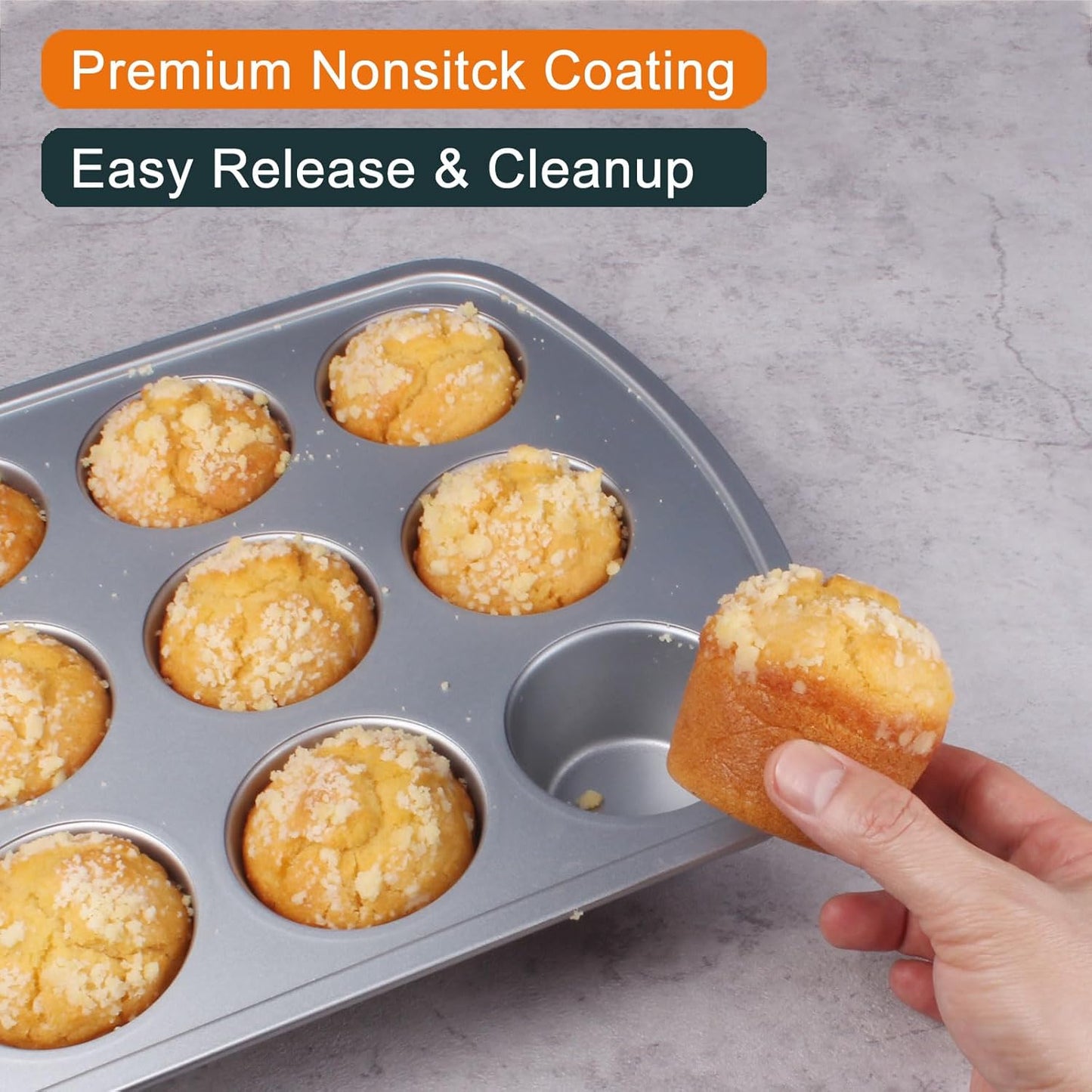Deep Well Muffin Pan - 12-Cup 2-Pack, 1.77-Inch Deep Cups (50% More Batter), Heavy Duty Carbon Steel with Nonstick and Non-Toxic Coating, 15.9 x 11.1 Inches