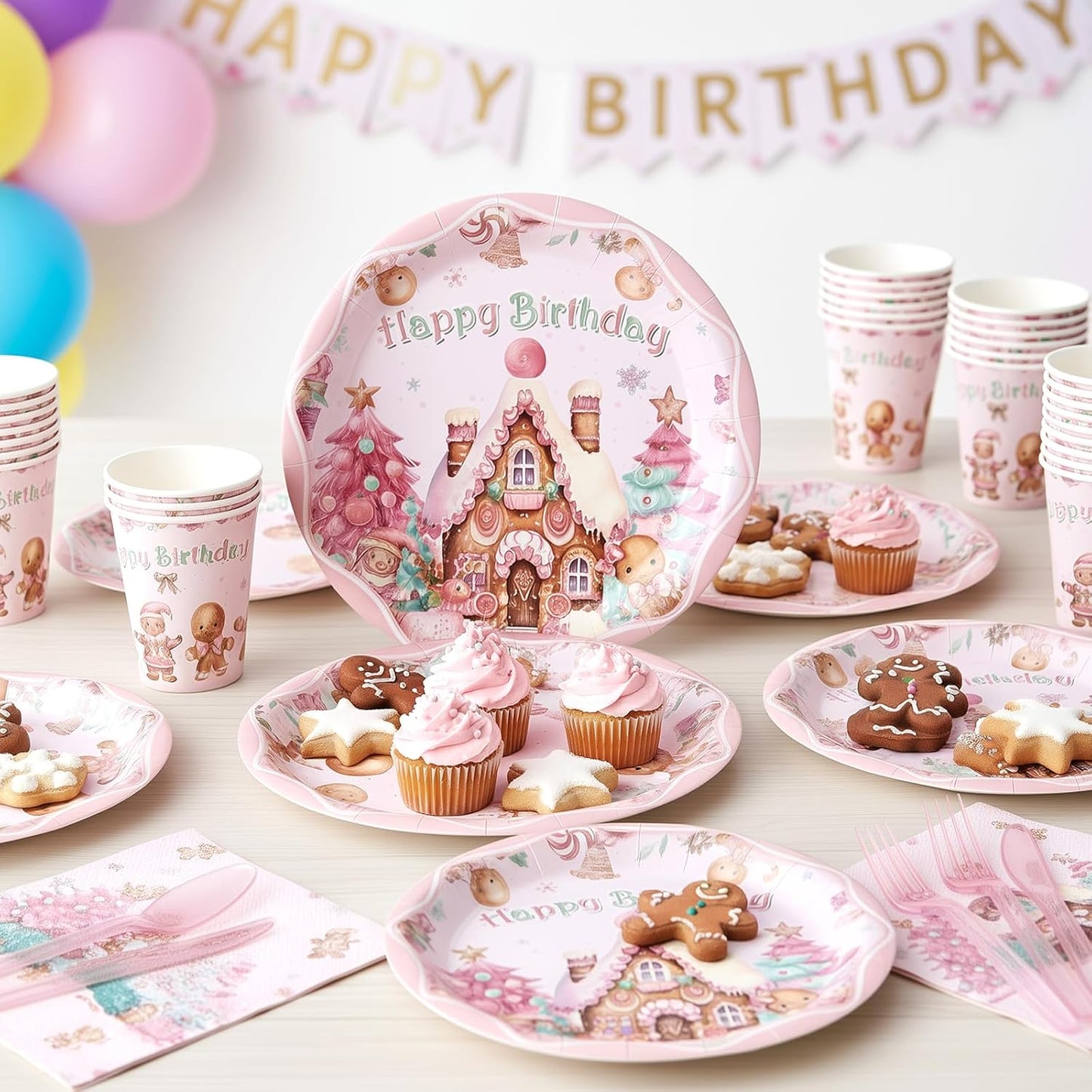 144 Pcs Pink Gingerbread Christmas Party Supplies, Disposable Dinnerware Set with Plates, Cups, Napkins for Holiday Gingerbread House Decorations, Serves 24 Guests