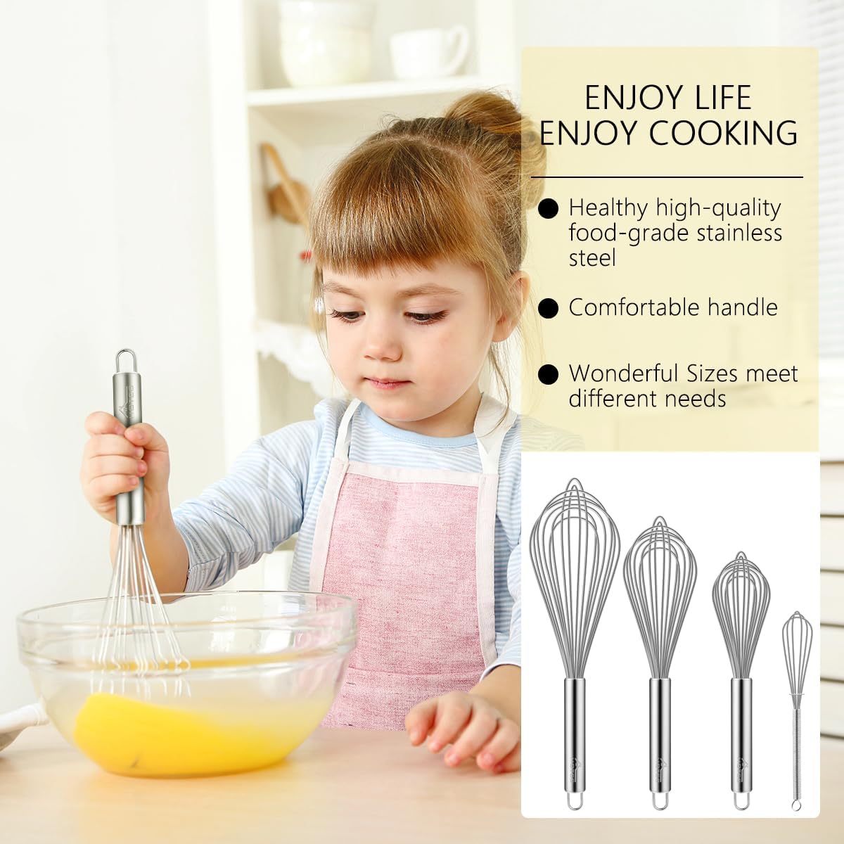 HOTEC 4 Pieces Stainless Steel Whisks Set Wire Whisk Balloon Whisk Egg Beater Kitchen Utensils for Stirring, Beating, Blending