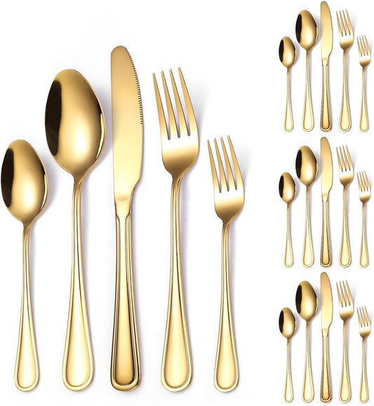 Gold Silverware Flatware Set for 4 Person Luxury Stainless Steel Cutlery 20 Pieces Forks Knives Spoons Modern Eating Utensils Double Line Edges Handle