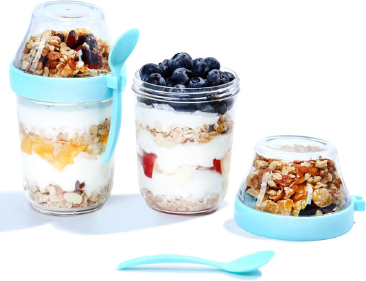 Felli On the Go Yogurt Parfait Snack Cup 12 oz Reusable Leak Proof + Travel Spoon, Topping Holder for Fruit Cereal Milk, To Go Lunch Healthy Portion Control Overnight Oats Container Clear (2, Blue)
