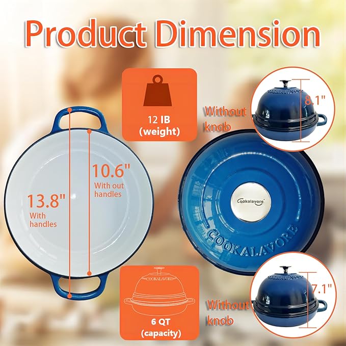 Dutch Oven for Bread Baking,6 Quart Enamel Bread Oven for Sourdough,10.5"Bread Oven with Lid,Bread Pans for Homemade Bread,Blue Thick Enamel Bread Pan-with Silicone Baking Mat&Recipe,Gifts for Family