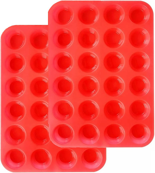 Mini Muffin &Cupcake Set, 24 Cups 2-Pieces, Nonstick Silicone Baking Pan, BPA Free and Dishwasher Safe, Great for Making Muffin Cakes, Tart, Bread (24 Cups Red,2 PCS)