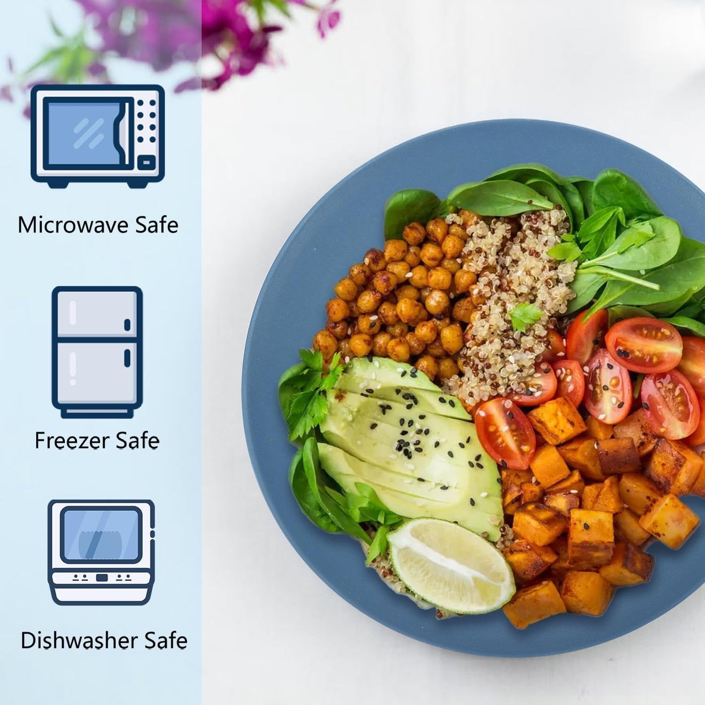 Homienly Flat Dinner Plates Set of 8 Alternative for Plastic Plates Microwave and Dishwasher Safe Wheat Straw Plates for Kitchen Unbreakable Kids Plates (Blue, 9 inch), MS 01