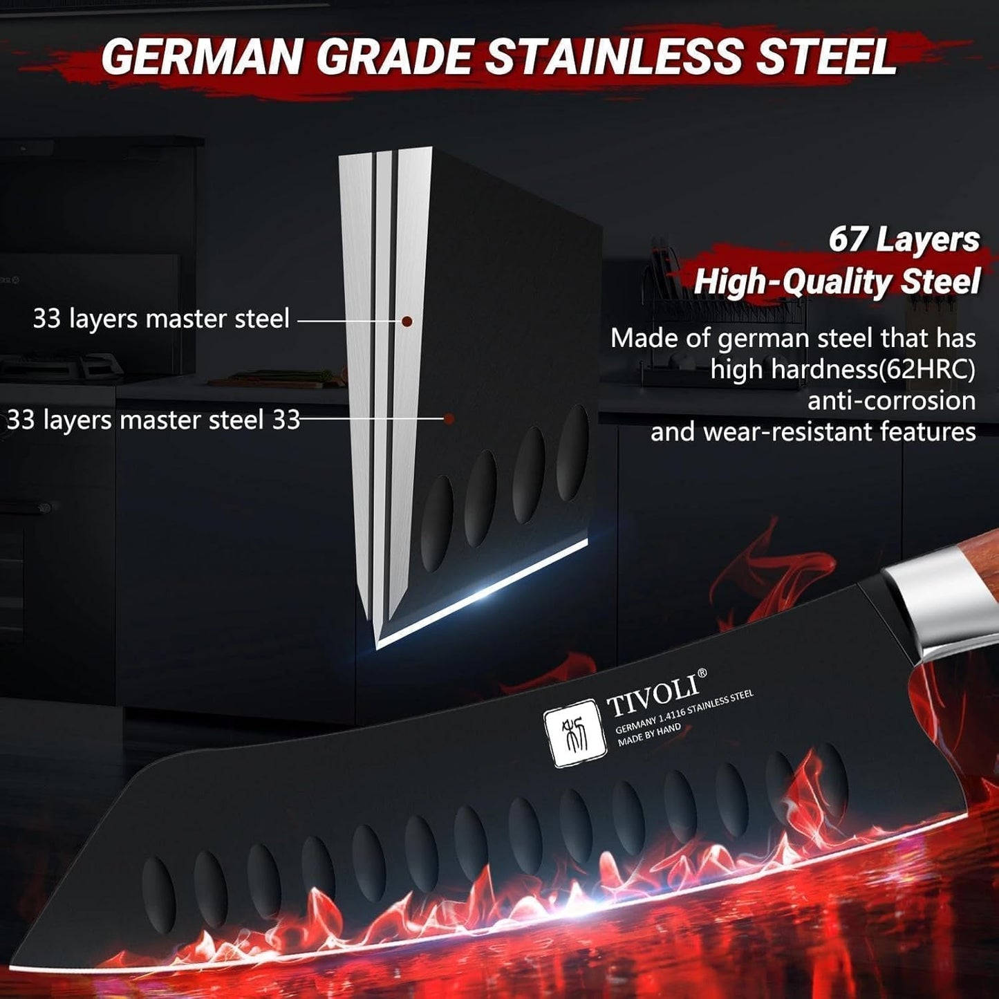 TIVOLI Chef Knife Set, Professional 3PC Santoku Knives Set, High Carbon Steel Ultra Sharp Deep Cooking Knife Set with Ergonomic Wood Handle for Meat Vegetable Fruit, Dad Mom Gift