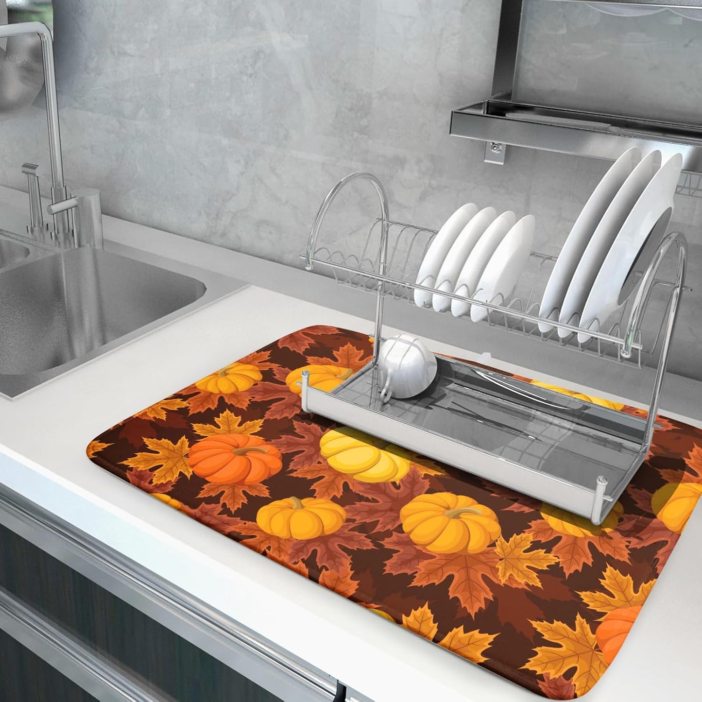 Fall Drying Mats for Kitchen Counter 18×24 Inch Autumn Pumpkin Leaves Large Microfiber Drying Mat Kitchen Accessories Dish Rack Mat Drainer Pad Washable Absorbent
