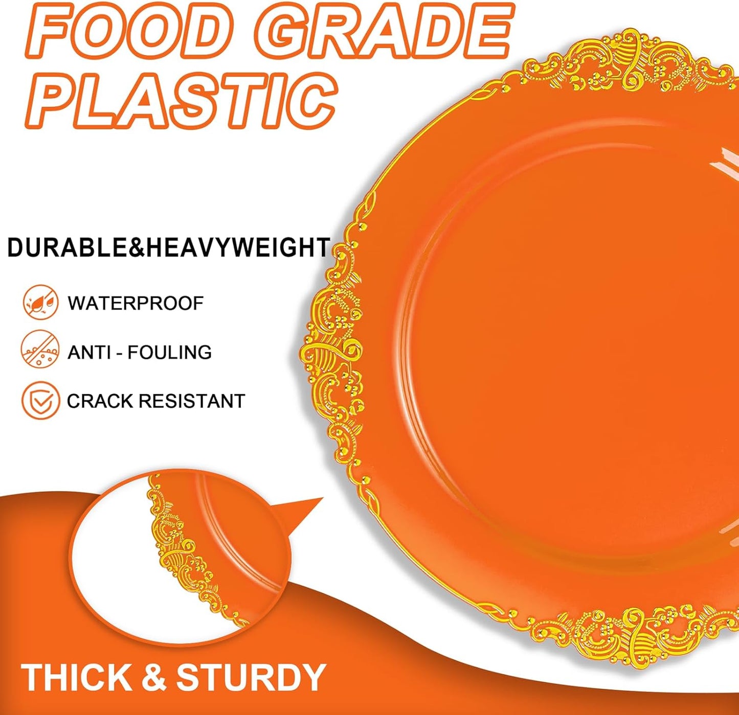 102PCS Orange Plastic Plates - Orange and Gold Disposable Plates - Party Plate with Gold Rim - Vintage Disposable Plate Serving for 51Guests for Thanksgiving & Halloween Party