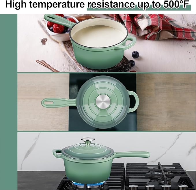 Enameled Cast Iron Sauce Pan with Lid, Leonyo 1 Quart Saucepan with Lid, Enamel Cast Iron Dutch Oven Kitchen Cookware for All Cooktops Cooking Soup, Milk - Up to 500°F & 4.4Lbs, Pistachio Green