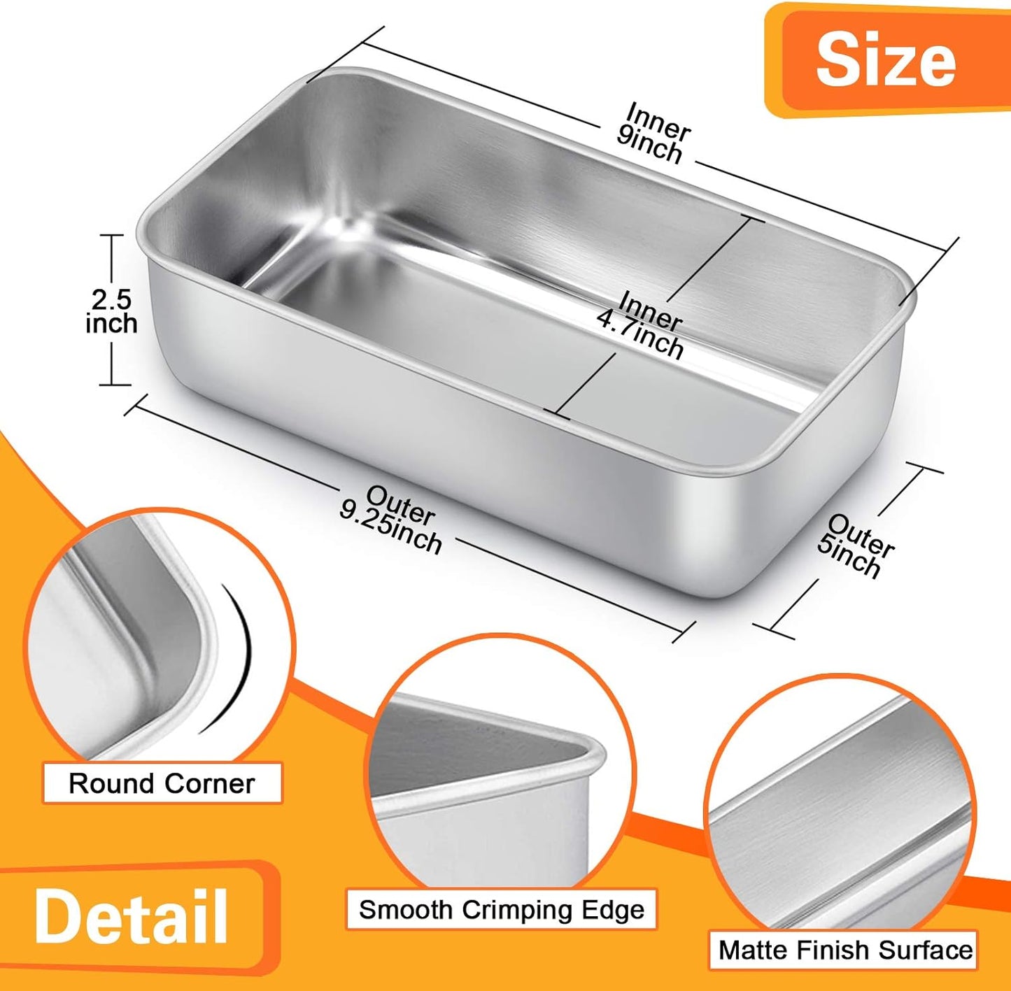 E-far Loaf Pan for Baking Bread, 9 x 5 Inch Stainless Steel Baking Loaf Pans, Metal Bakeware for Bread Meatloaf Cake Brownies, Healthy & Non Toxic, Easy Release & Dishwasher Safe - Set of 2