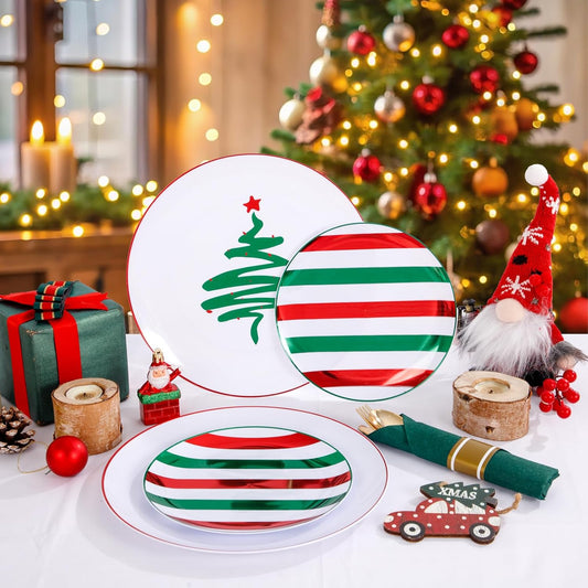 WONDERFUL 180 Pcs Plastic Christmas Plates Dinnerware Set Disposable Christmas Plates With Cutlery Include 30 Dinner Plate 30 Dessert Plate 30 Pre Rolled Napkins With Silverware For Xmas Day 30 Guests