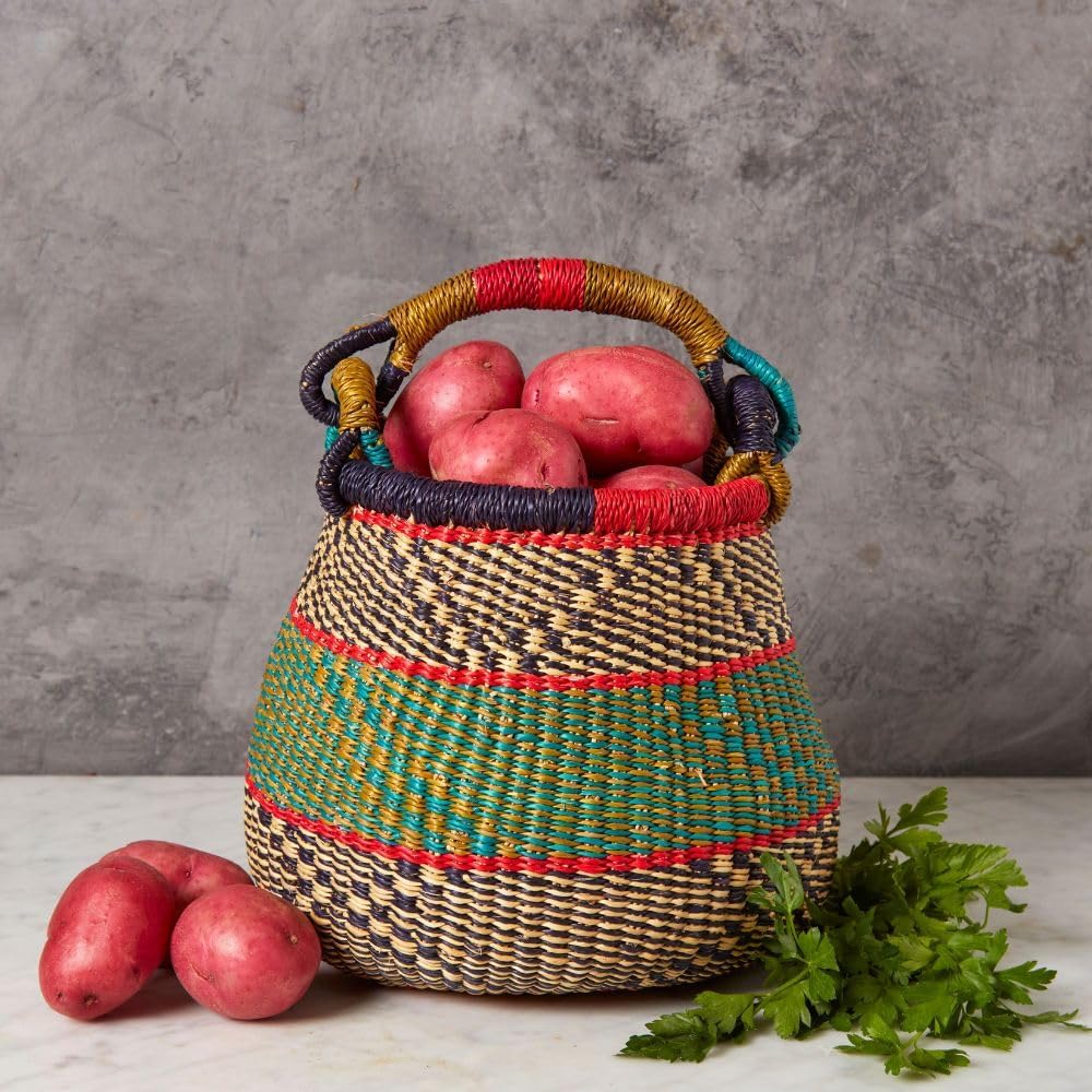 Small Red Green Boho Pot Basket, Fruit Bowl, Kitchen Countertop Storage, Shelf Basket, Living Room Decor, Harvesting, Flower Girl Basket, Wicker, Woven