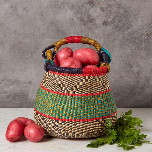 Small Red Green Boho Pot Basket, Fruit Bowl, Kitchen Countertop Storage, Shelf Basket, Living Room Decor, Harvesting, Flower Girl Basket, Wicker, Woven