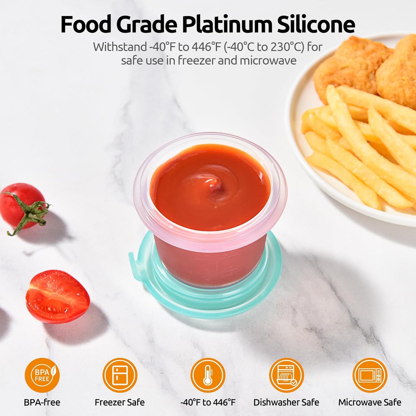 U-Taste 2oz×2 Silicone Food Containers Set: Mini Kitchen Storage with Airtight Lid, Freezer & Microwave Safe, Dip Box with Date Marking Circle, Clear Stackable for Nut, Sauce, Condiment (Aqua Sky)